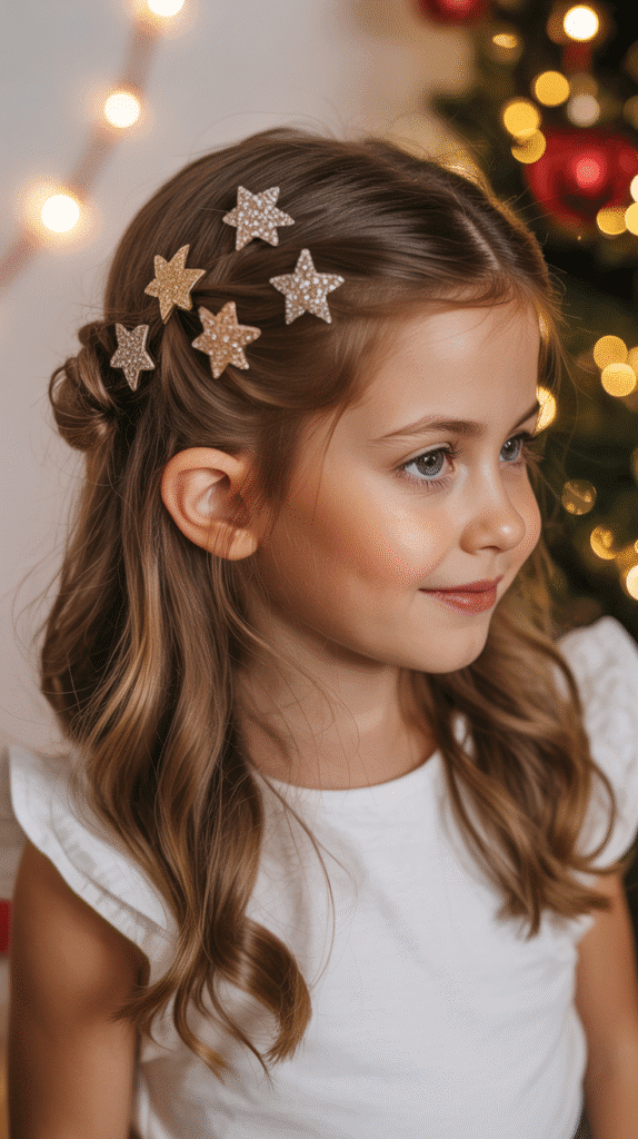 30 Cute Christmas Hairstyles for Girls Perfect for Holiday Parties 29  Low Twisted Half-Up with Star Accessories