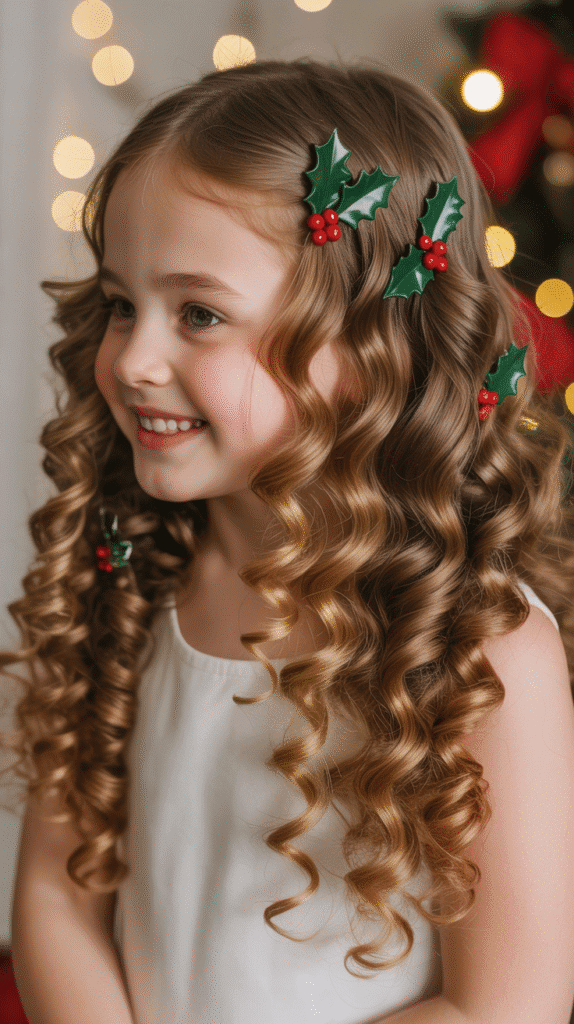 30 Cute Christmas Hairstyles for Girls Perfect for Holiday Parties 4 Cascading Ringlet Curls with Holly Clips