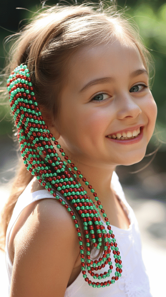 28 Fun Christmas Hairstyles for Kids with Beads Full of Holiday Spirit 23 Side Ponytail with Spiral Bead Arrangement