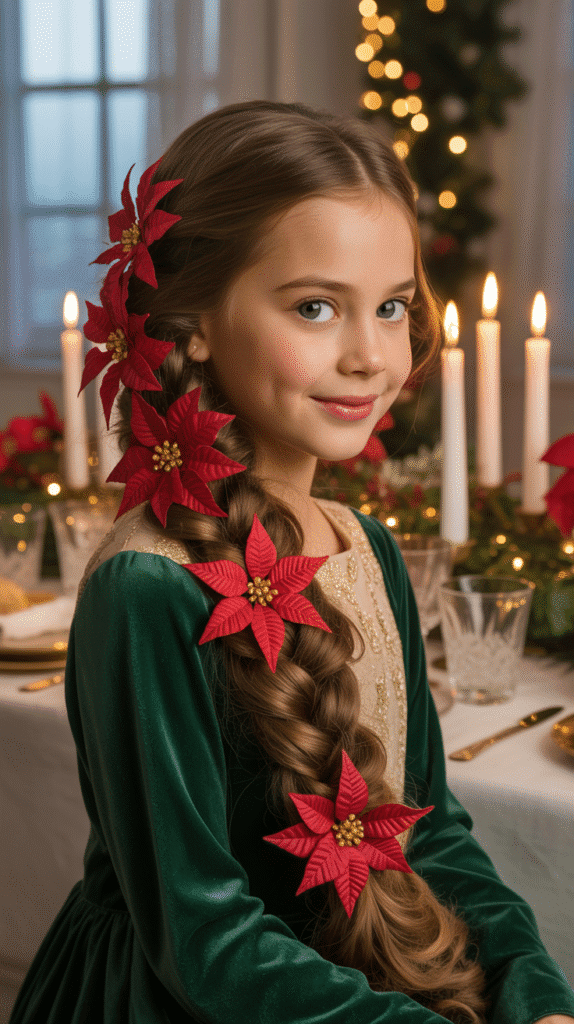 25 Cute Christmas Elf Hairstyles to Rock This Holiday Season 14 Asymmetrical Side Braid with Poinsettias