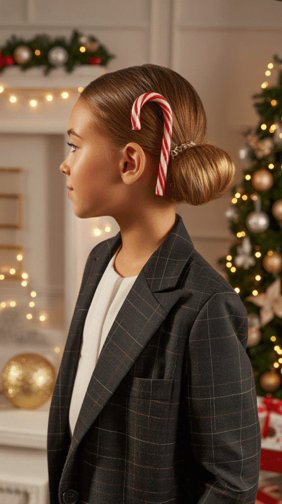 25 Cute Christmas Elf Hairstyles to Rock This Holiday Season 12  Sleek Low Ponytail with Wrapped Candy Cane