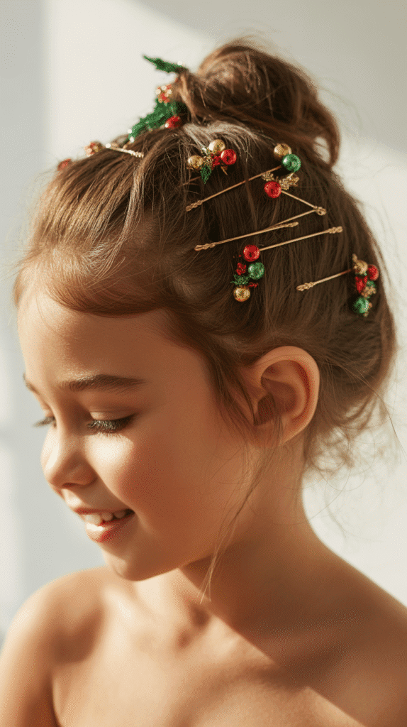 28 Fun Christmas Hairstyles for Kids with Beads Full of Holiday Spirit 25 Messy Bun with Scattered Holiday Beads