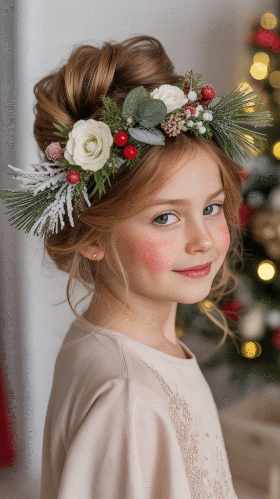 30 Cute Christmas Hairstyles for Girls Perfect for Holiday Parties 24 Flower Crown Updo with Winter Florals