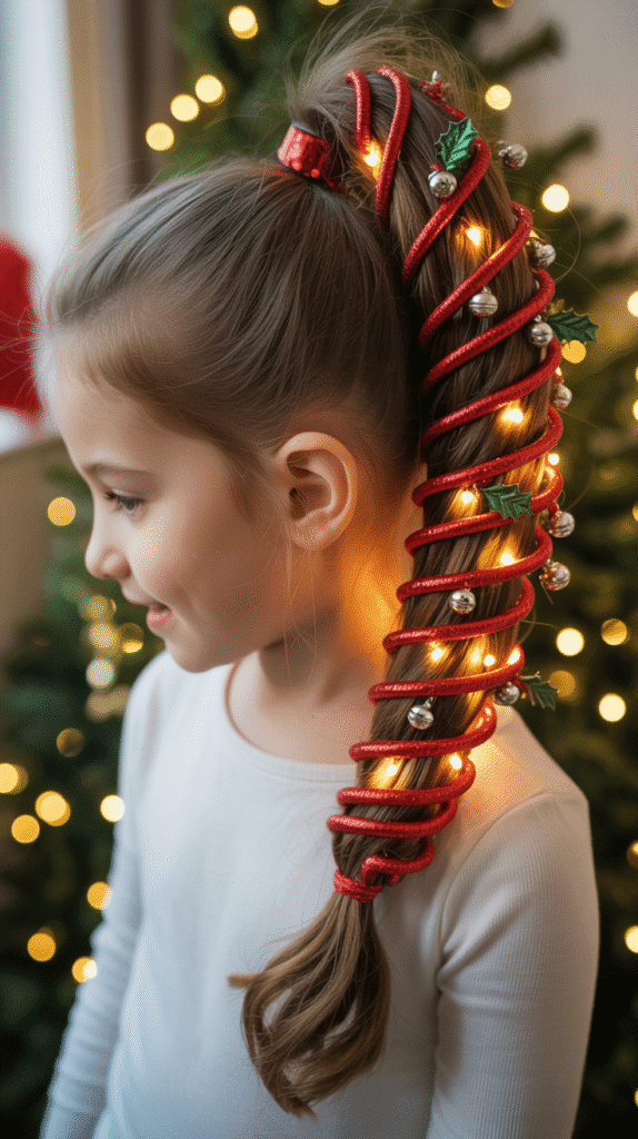 30 Cute Christmas Hairstyles for Girls Perfect for Holiday Parties 10 High Ponytail with Spiral Wrap
