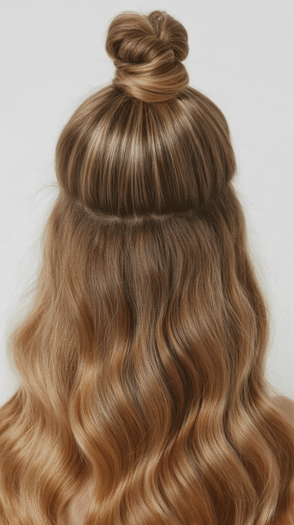 27 Chic Whimsical Hairstyles for Straight Hair That Add a Touch of Grace 15 Half-Up Top Knot with Loose Waves