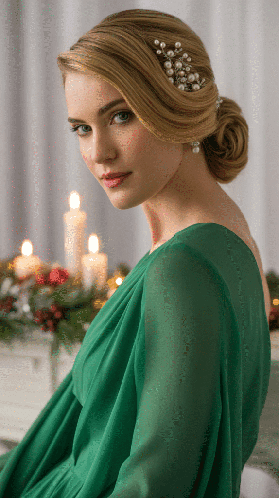 33 Simple Christmas Party Hairstyles for Medium Hair That Look Stunning 2 Twisted Low Bun with Accessories