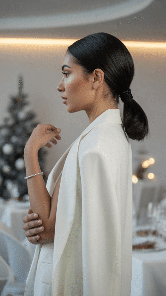 30 Elegant Christmas Party Hairstyles for Long Hair You'll Love 14 Sleek Low Ponytail with Wrapped Base