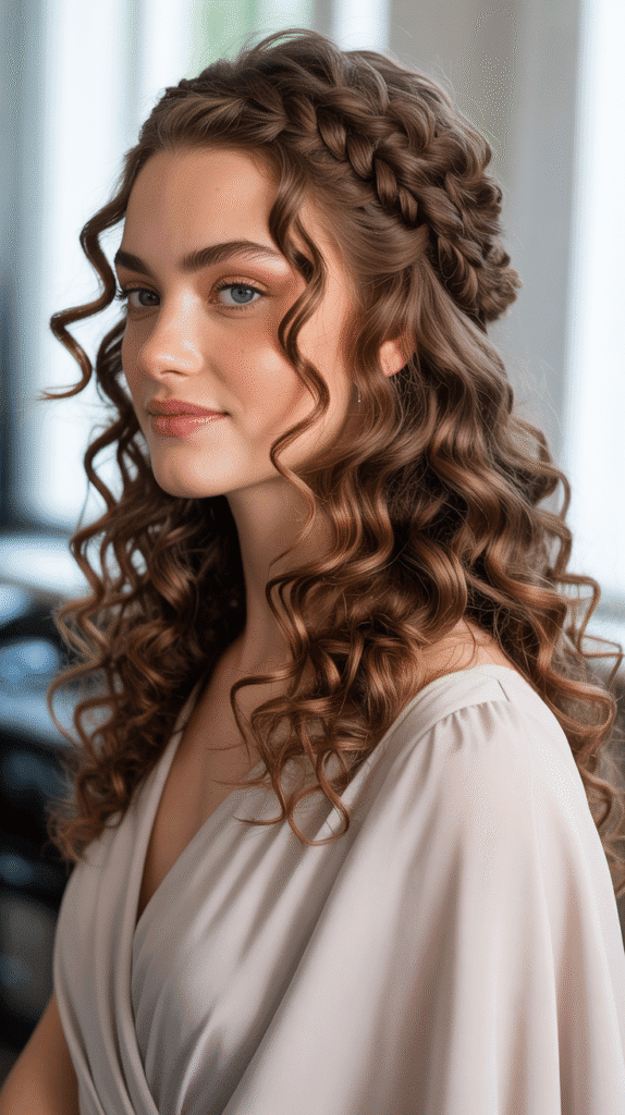 27 Gorgeous Elf Hairstyles for Curly Hair Full of Fantasy Charm 12 Recreate the prompt (  Regal elf maiden with chestnut brown curly hair styled in braided half-crown with elegantly pinned curls, wearing ornate fantasy dress, grand hall setting, classical portrait lighting, sophisticated fantasy photography) so that I can create  a realistic natural image  for my website. My website niche: Hair, hairstyles, hair care( hair related )