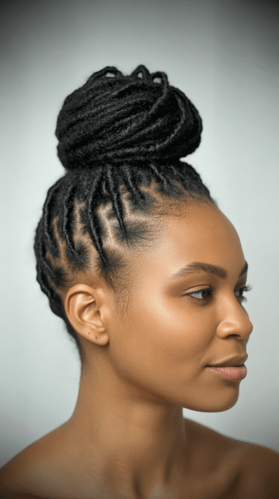 30 Stylish Dreadlock Styles for Short Hair That Look Fresh 13 Loc Bun (Top Knot)