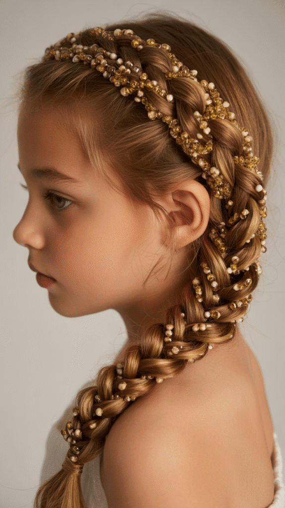 28 Fun Christmas Hairstyles for Kids with Beads Full of Holiday Spirit 13 Rope Braid Ponytail with Graduated Bead Sizes