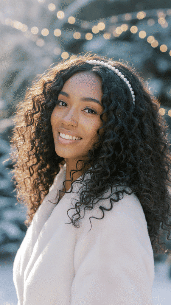 25 Breathtaking Winter Wedding Hairstyles for Black Brides 7 Natural Curls with Pearl Headband