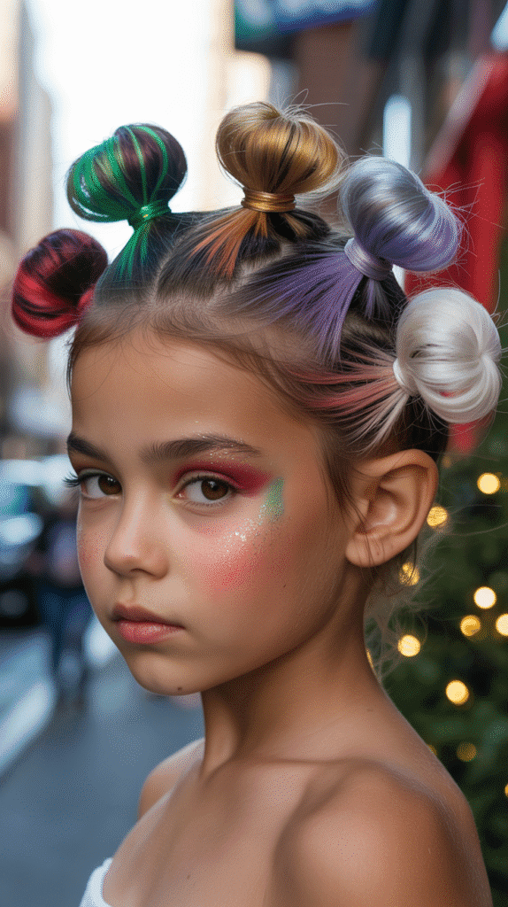 25 Cute Christmas Elf Hairstyles to Rock This Holiday Season 11 Multicolored Mini Buns