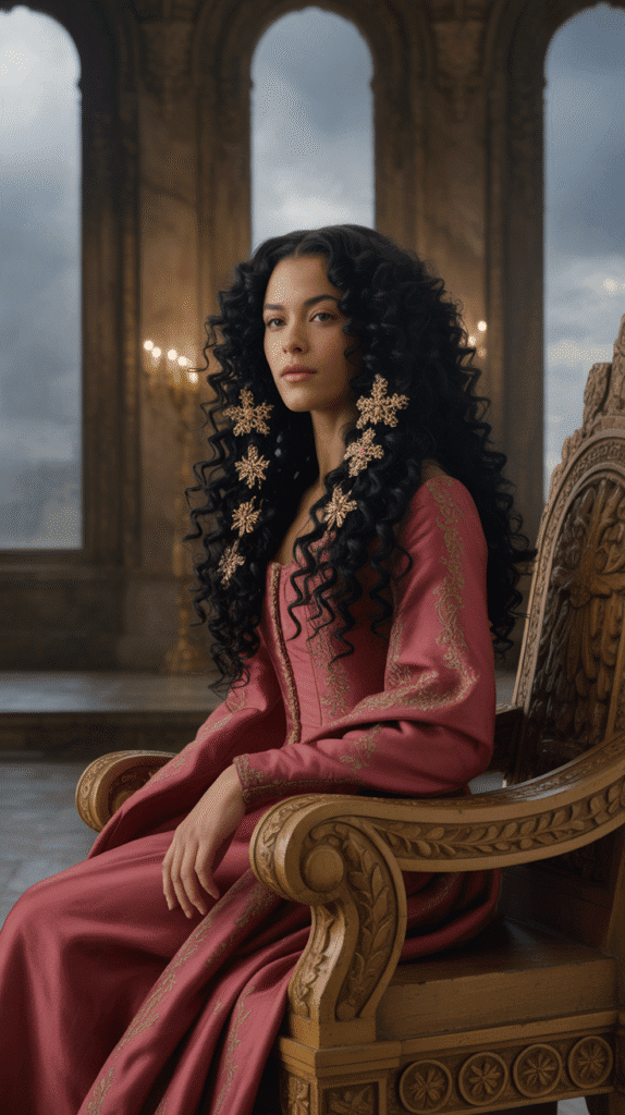 30 Romantic Medieval Hairstyles for Princesses with Curls 6 The Elaborate Side-Swept Curls with Jeweled Pins