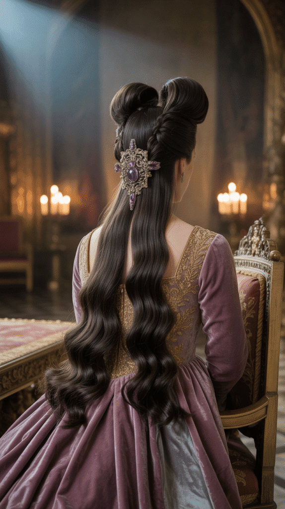 30 Fairytale-Inspired Medieval Hairstyles for Princesses 8 Back and side view of twisted hair sections meeting at the back of the head, secured with an ornate medieval clasp, long flowing hair below, castle throne room background, warm candlelight, regal purple and gold tones, sophisticated and queenly