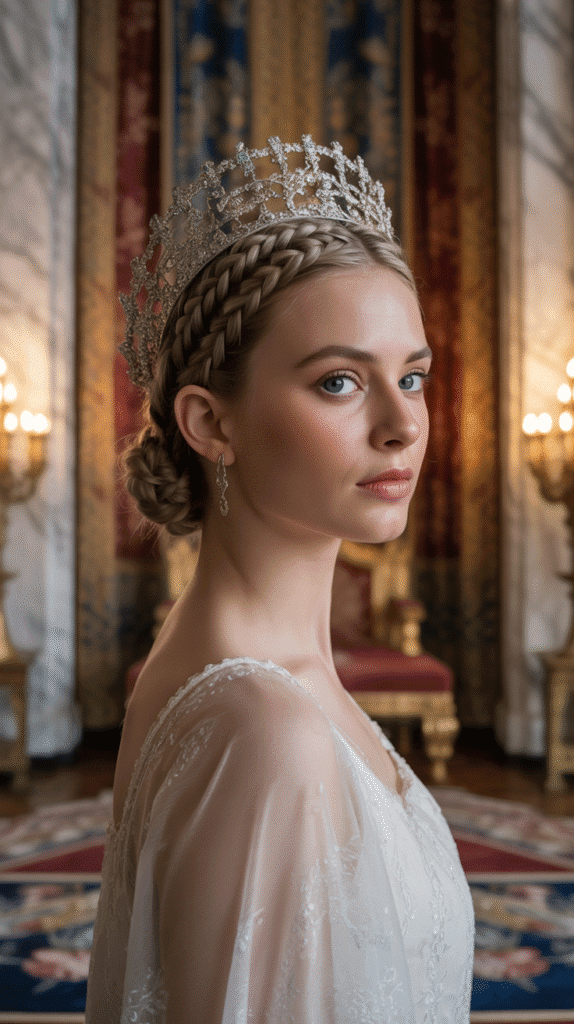 27 Elegant Medieval Updo Hairstyles for Princesses 26 The Circlet-Anchored Braided Updo
