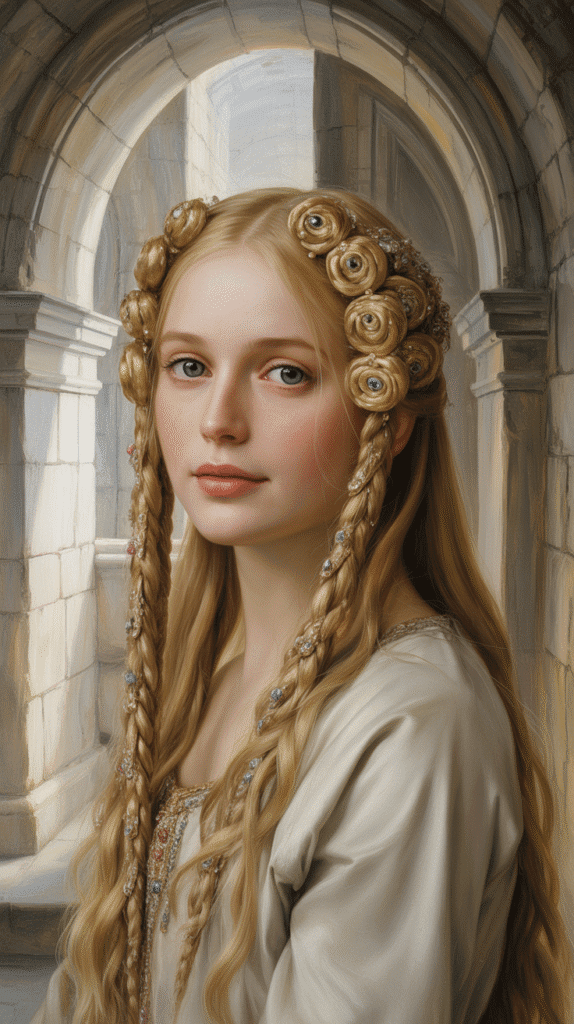 33 Gorgeous Medieval Hairstyles for Blonde Princesses 10 The Coiled Temple Braids