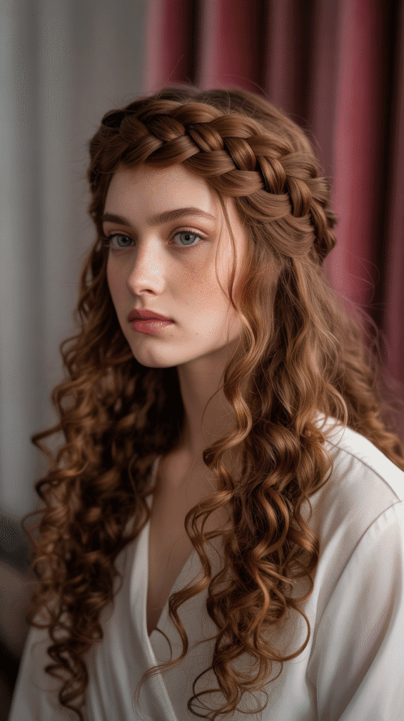 33 Stunning Curly Half-Up Half-Down Hairstyles 16 Curly Half-Up with Dutch Braid Crown