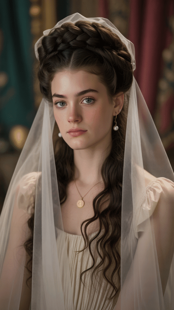 30 Regal Medieval Hairstyles for Princesses and Queens 15 The Wrapped Chignon with Veil Trail