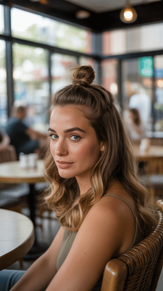 37 Easy Hairstyles to Keep Hair Out of Your Face 27 Half Bun Top Knot
