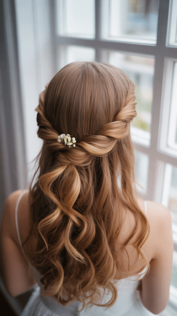 25 Romantic Whimsical Wedding Hairstyles for a Magical Bridal Look 16 Twisted Halo with Loose Ends