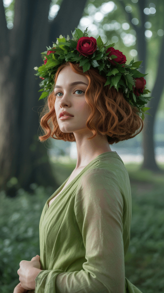 33 Chic Medieval Hairstyles for Short-Haired Princesses 9 The Crimped Texture with Floral Crown