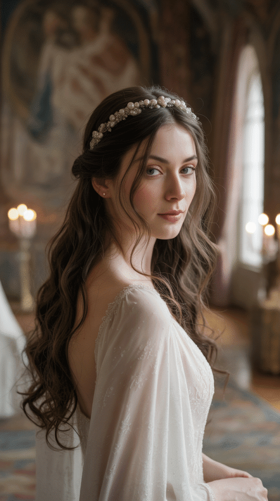 33 Enchanting Medieval Wedding Hairstyles for Princesses 24 Loose Waves with Pearl Headband