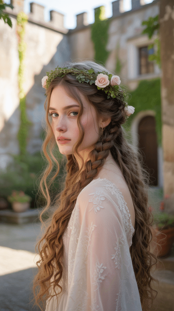 33 Enchanting Medieval Wedding Hairstyles for Princesses 3 The Double Braided Half-Up Style