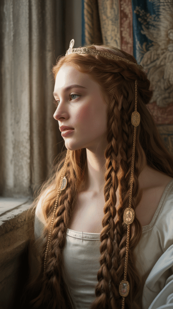27 Royal Medieval Hairstyles for Princesses with Crowns 17 The Braided Crown with Hanging Lockets