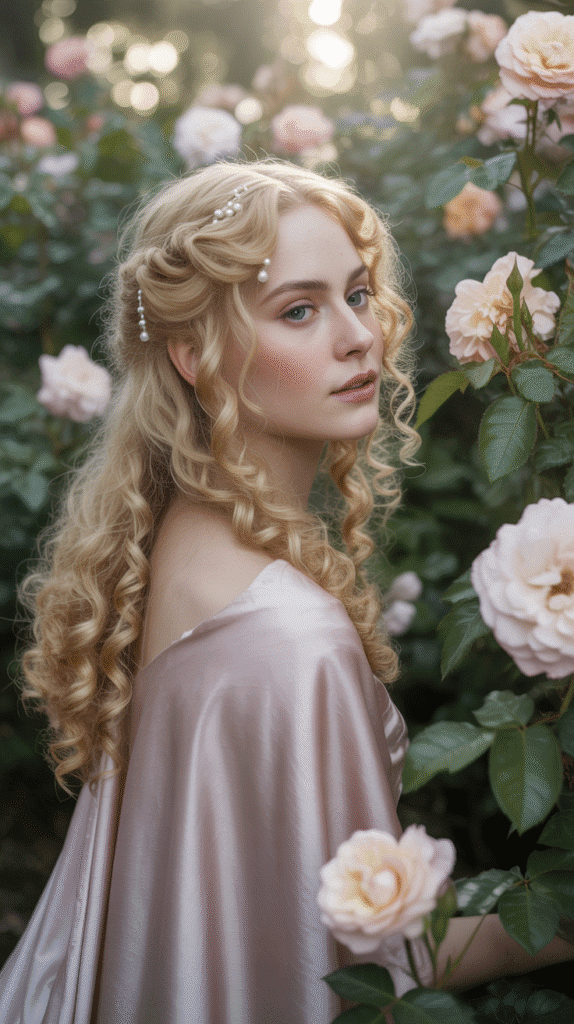 30 Romantic Medieval Hairstyles for Princesses with Curls 18 The Twisted Half-Updo with Pearl Accents