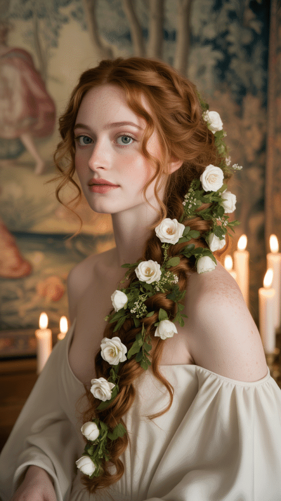 33 Enchanting Medieval Wedding Hairstyles for Princesses 6 The Side Braid with Flowers