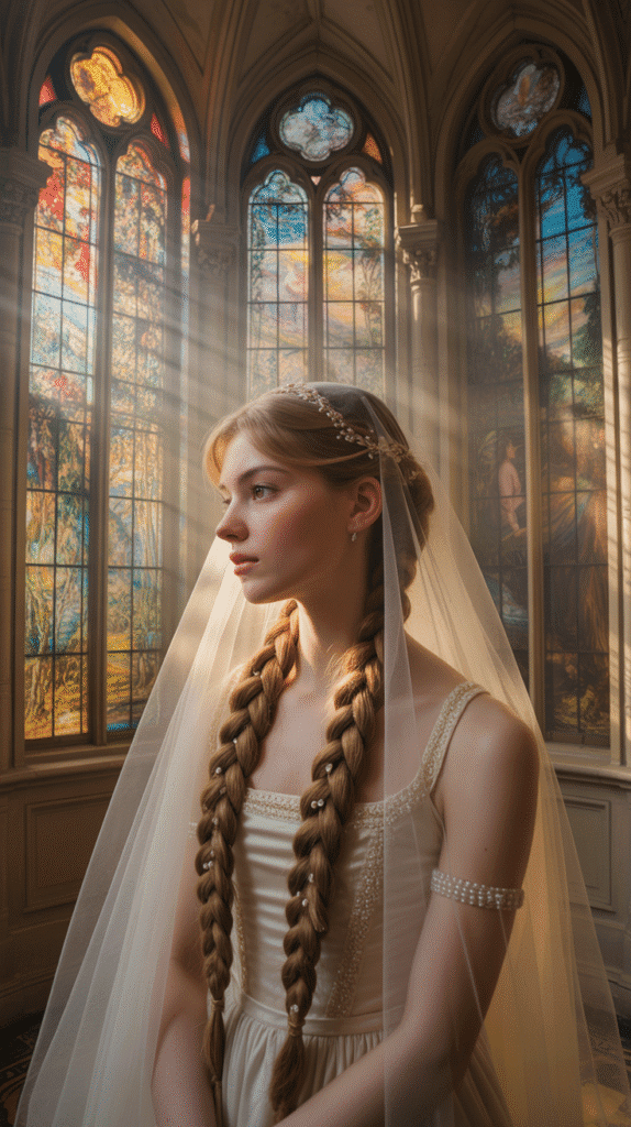 27 Creative Medieval Hairstyle Ideas for Princesses 20 Half-Braided Crown with Veil