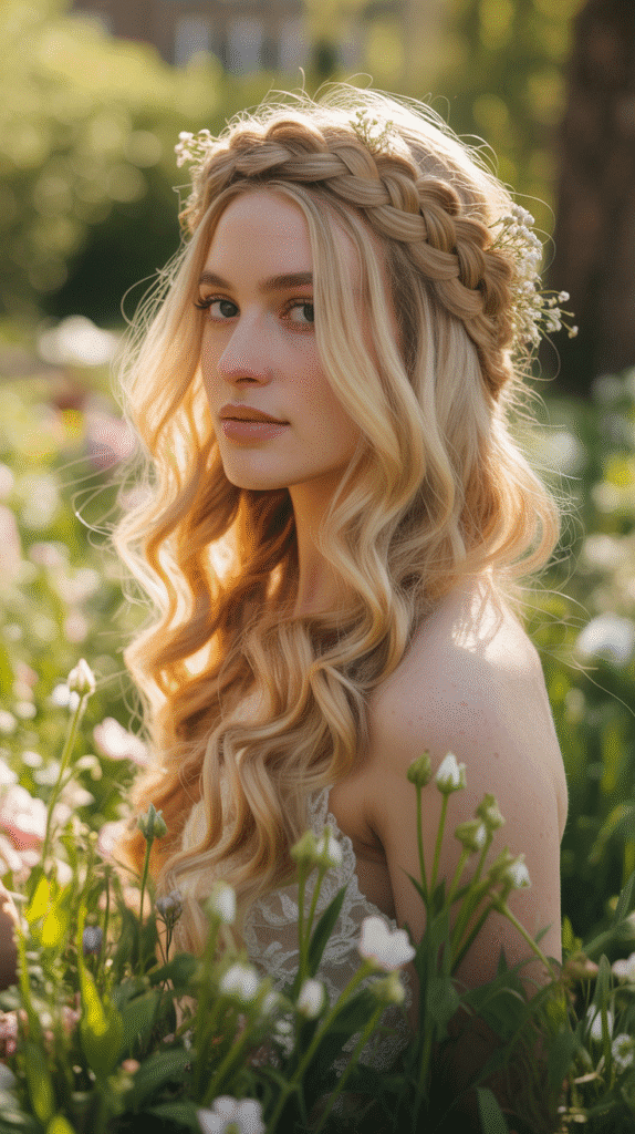25 Romantic Whimsical Wedding Hairstyles for a Magical Bridal Look 24  Crown Braid with Loose Waves