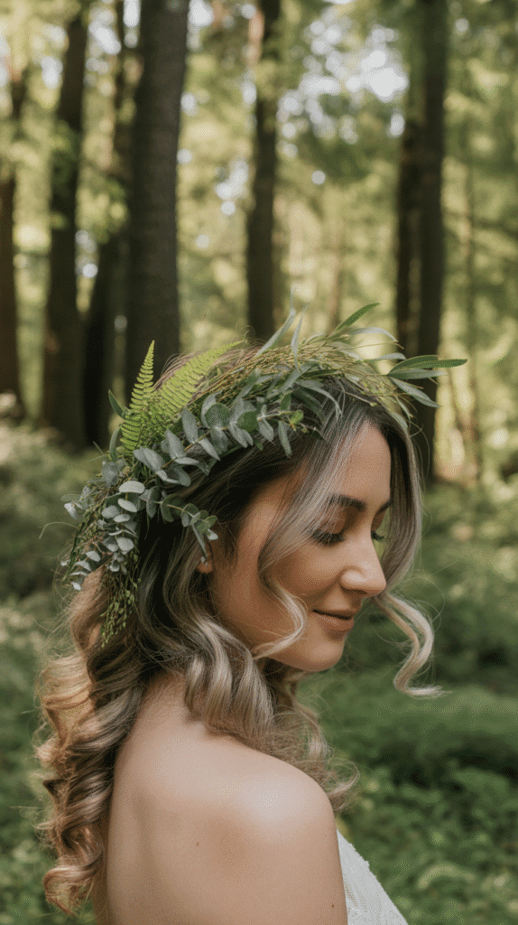 25 Romantic Whimsical Wedding Hairstyles for a Magical Bridal Look 17 Cascading Curls with Greenery Accents