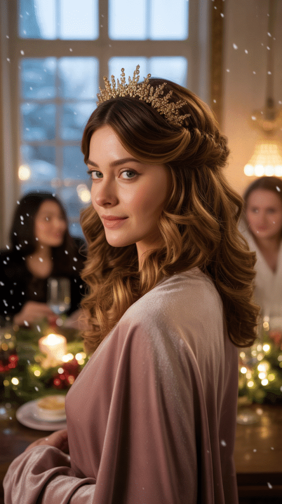 33 Simple Christmas Party Hairstyles for Medium Hair That Look Stunning 32 Twisted Crown with Curled Ends