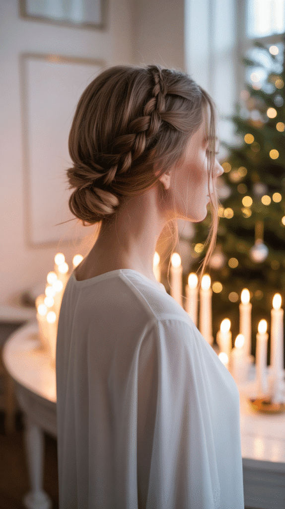 30 Easy Christmas Party Hairstyles for Medium Hair That Save Time 25 Twisted Halo with Low Bun