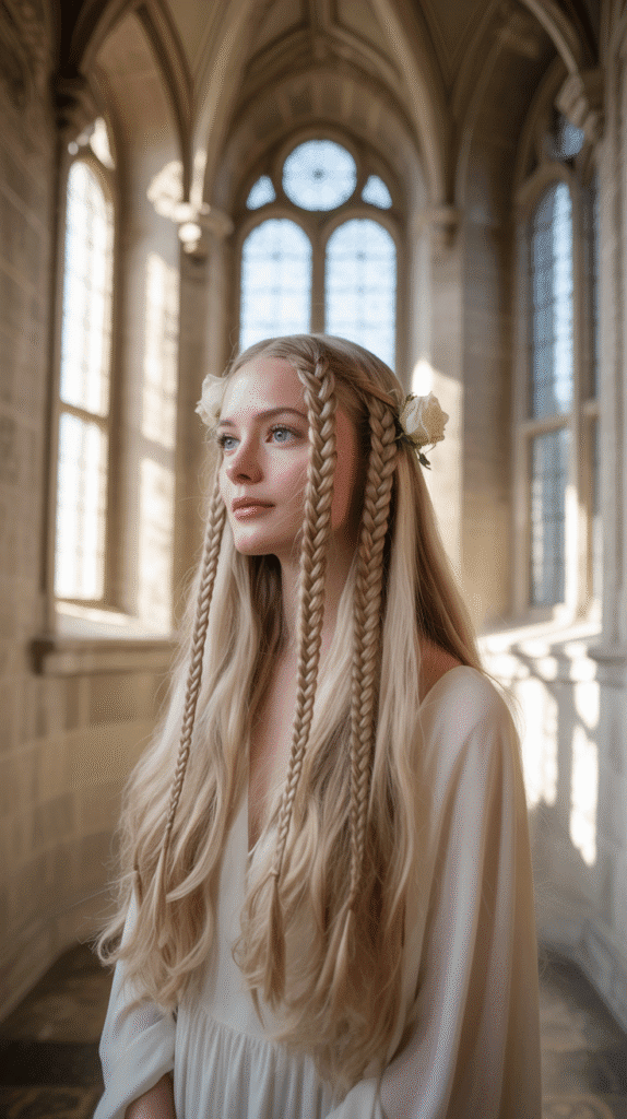 33 Enchanting Medieval Wedding Hairstyles for Princesses 19 The Crown Braid with Center Part