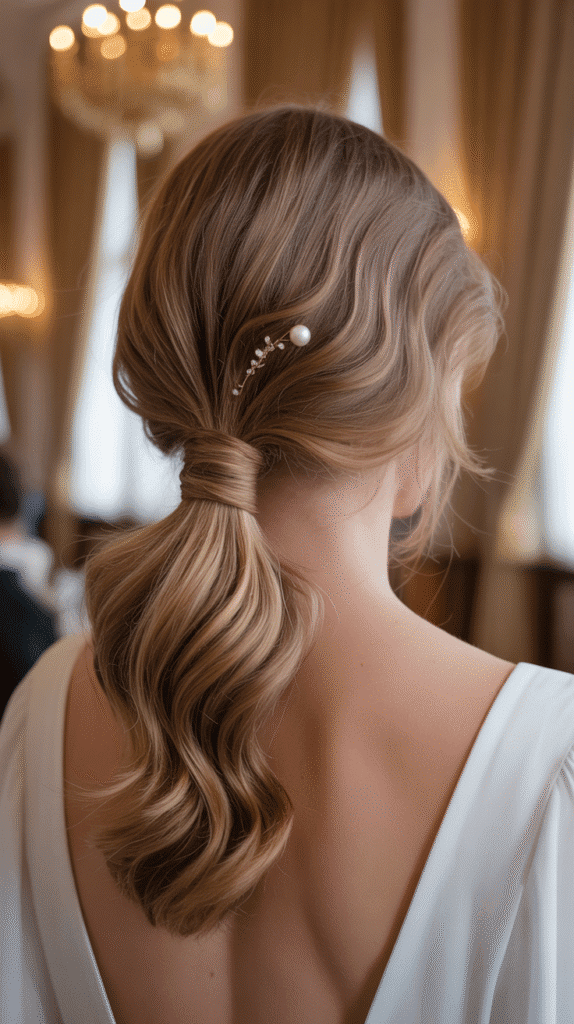 25 Romantic Whimsical Wedding Hairstyles for a Magical Bridal Look 23 Textured Low Ponytail with Wrapped Section