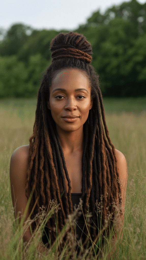 37 Best Dreadlock Styles for Black Women That Slay Every Look 7 Half-Up Half-Down Style
