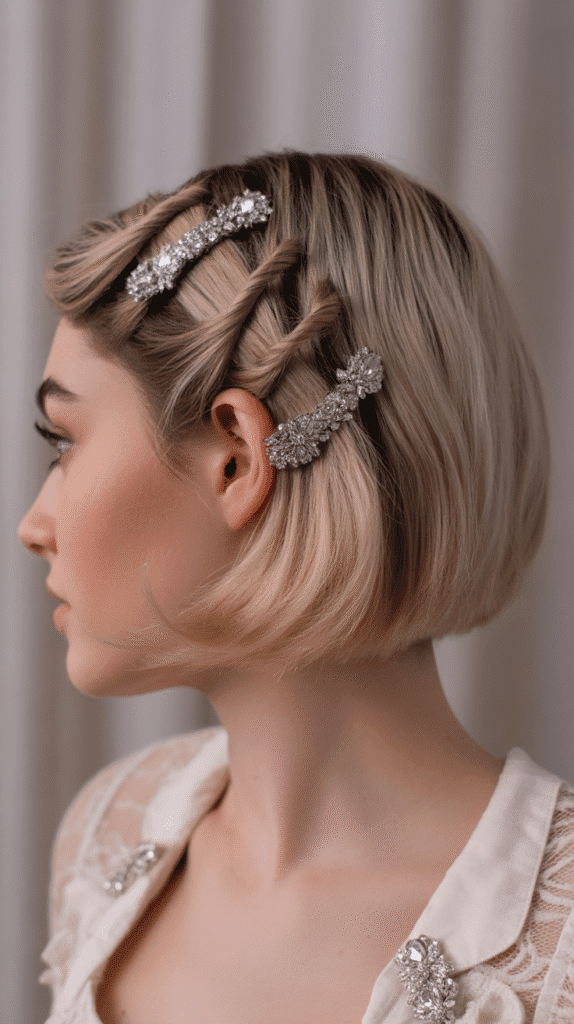 27 Whimsical Hairstyles for Short Hair That Feel Straight Out of a Fairytale 2 Twisted Side Sweep with Jeweled Clips