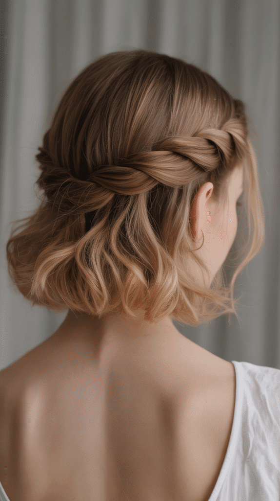 27 Whimsical Hairstyles for Short Hair That Feel Straight Out of a Fairytale 26 Half-Up Twisted Crown