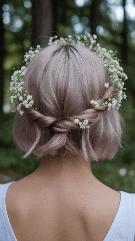 27 Whimsical Hairstyles for Short Hair That Feel Straight Out of a Fairytale 13 Twisted Halo with Baby's Breath