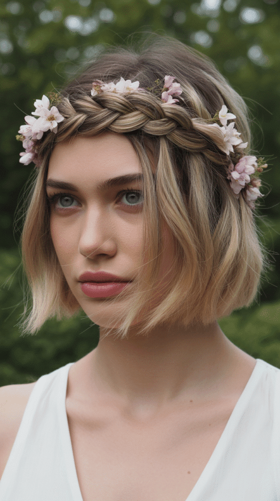 27 Whimsical Hairstyles for Short Hair That Feel Straight Out of a Fairytale 5 Floral Braided Headband