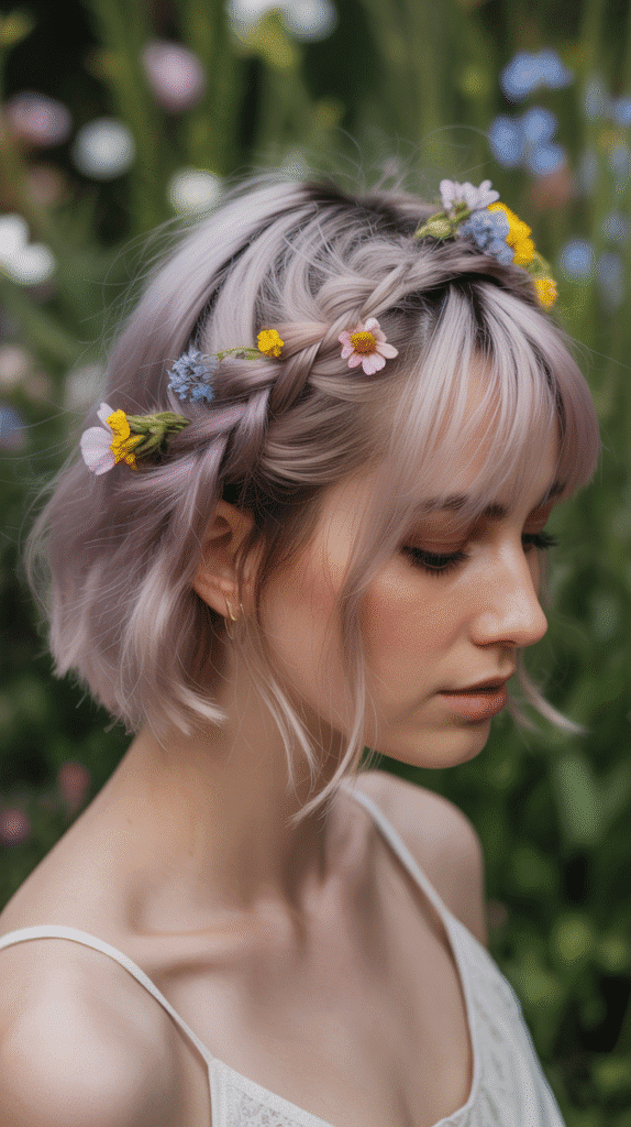 27 Whimsical Hairstyles for Short Hair That Feel Straight Out of a Fairytale 16 Braided Side Part with Flowers