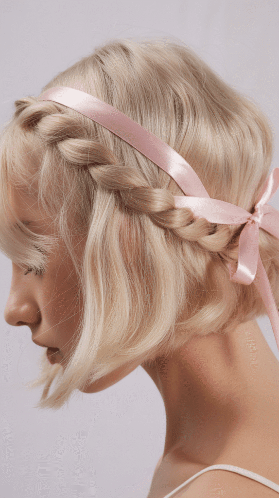 27 Whimsical Hairstyles for Short Hair That Feel Straight Out of a Fairytale 24 Twisted Crown with Ribbon Weave