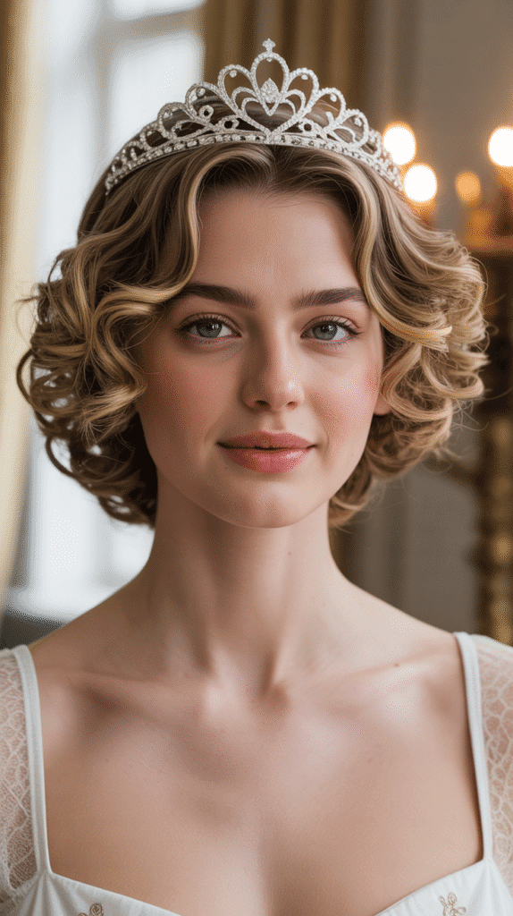 27 Whimsical Hairstyles for Short Hair That Feel Straight Out of a Fairytale 23 Romantic Curled Bob with Tiara