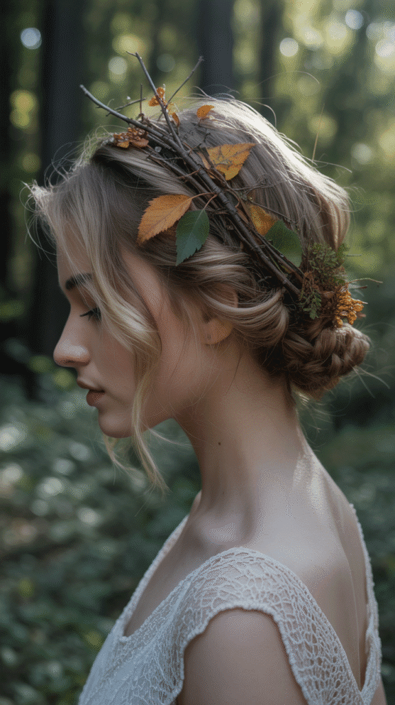 27 Whimsical Hairstyles for Short Hair That Feel Straight Out of a Fairytale 27 Enchanted Forest Updo with Leaves and Branches