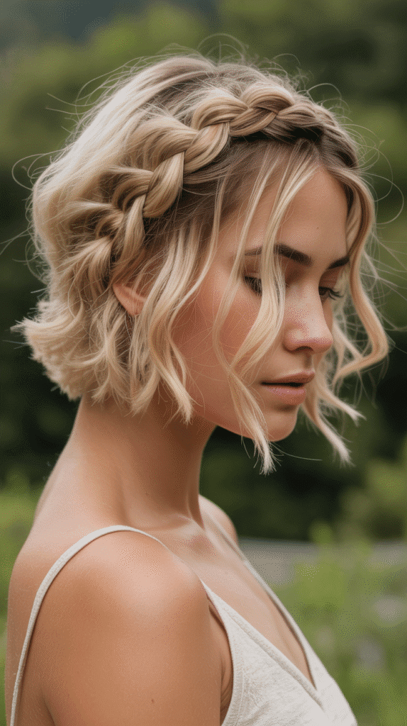 27 Whimsical Hairstyles for Short Hair That Feel Straight Out of a Fairytale 11 Braided Crown with Loose Texture