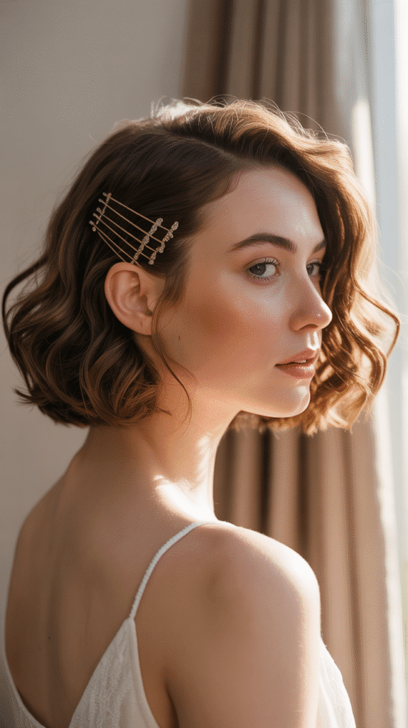 27 Whimsical Hairstyles for Short Hair That Feel Straight Out of a Fairytale 8 Romantic Side-Pinned Waves
