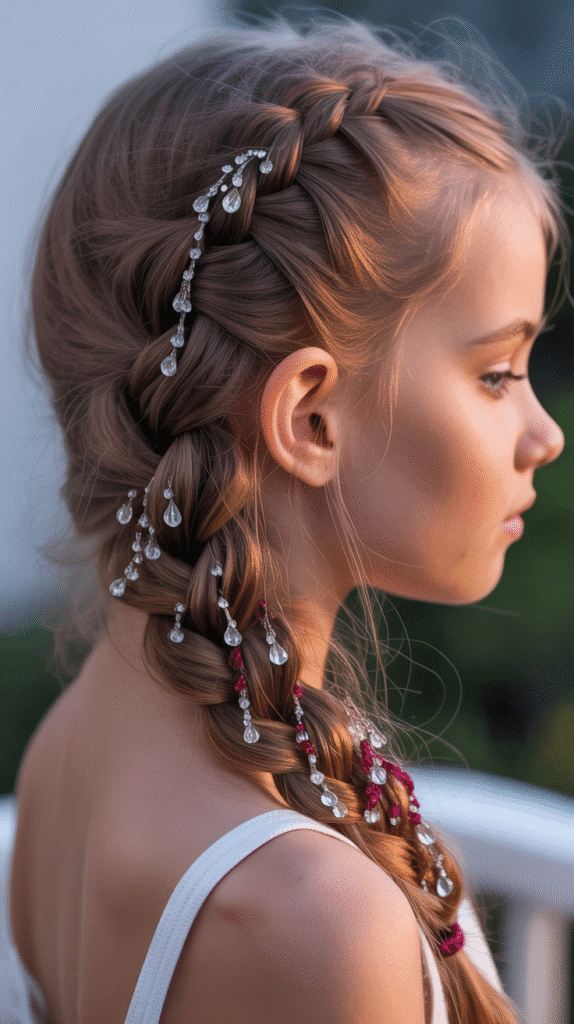 28 Fun Christmas Hairstyles for Kids with Beads Full of Holiday Spirit 7 Side-Swept Braid with Ombre Holiday Beads