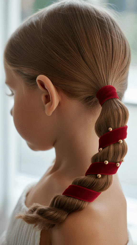 28 Fun Christmas Hairstyles for Kids with Beads Full of Holiday Spirit 20  Low Ponytail with Beaded Ribbon Wrap